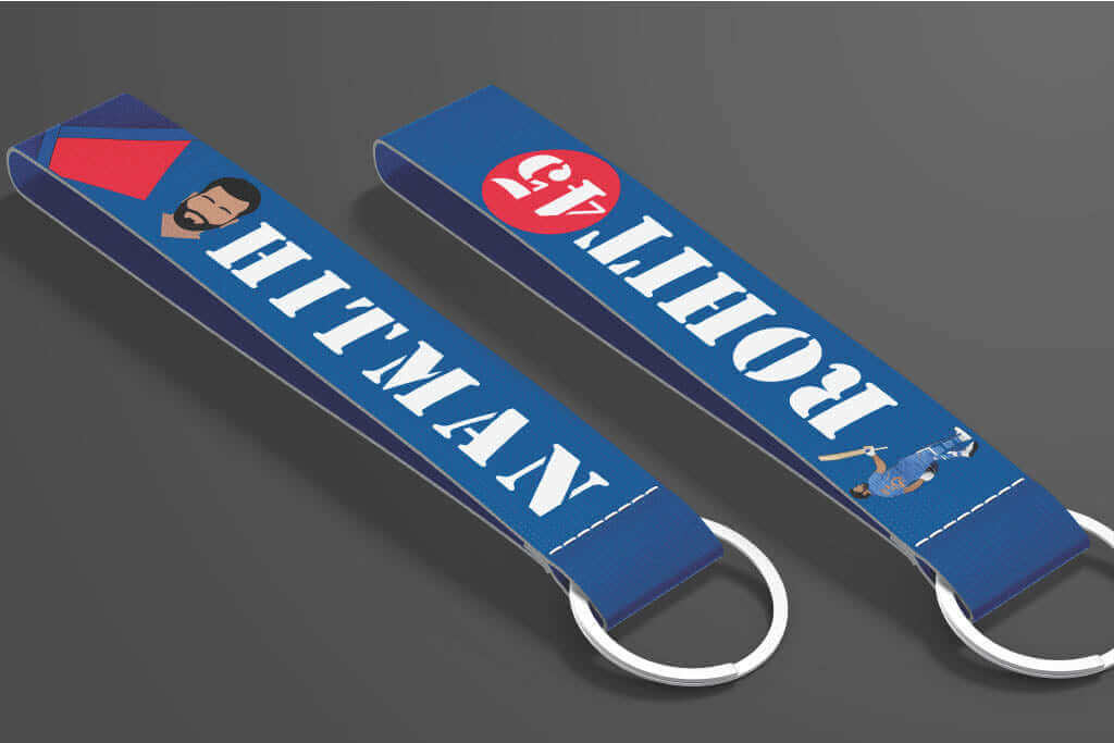 Rohit Sharma key tags featuring the Mumbai Indians captain – premium cricket keyc hains by Namu Customs